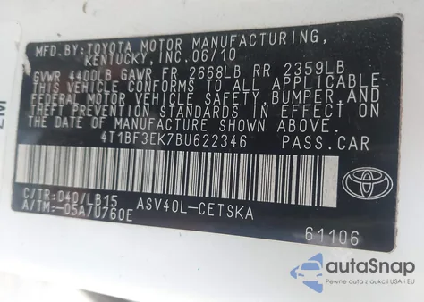 2011 Toyota Camry Se from USA, damaged, VIN 4T1BF3EK7BU622346